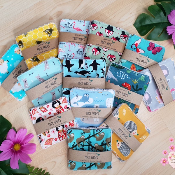 Animal Series Cotton and Bamboo Toweling Face Wipes / Reusable Face Wipes / Reusable Make Up Remover Pads / Handmade in the UK
