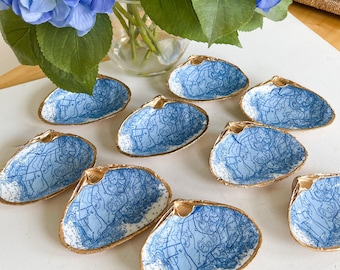 Newport RI Map Clam Shell Trinket Dish | Gold Accent Decoupage Shell