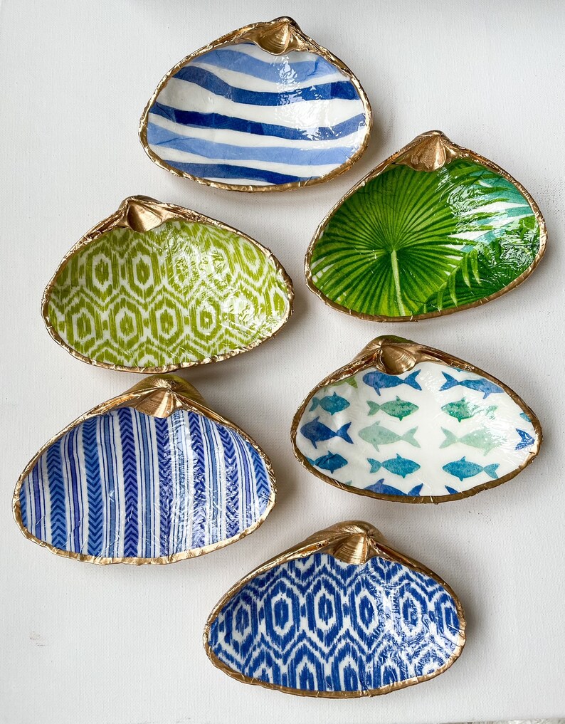 LARGE CLAM Decoupage Trinket & Ring Dish Shell Art Jewelry Etsy