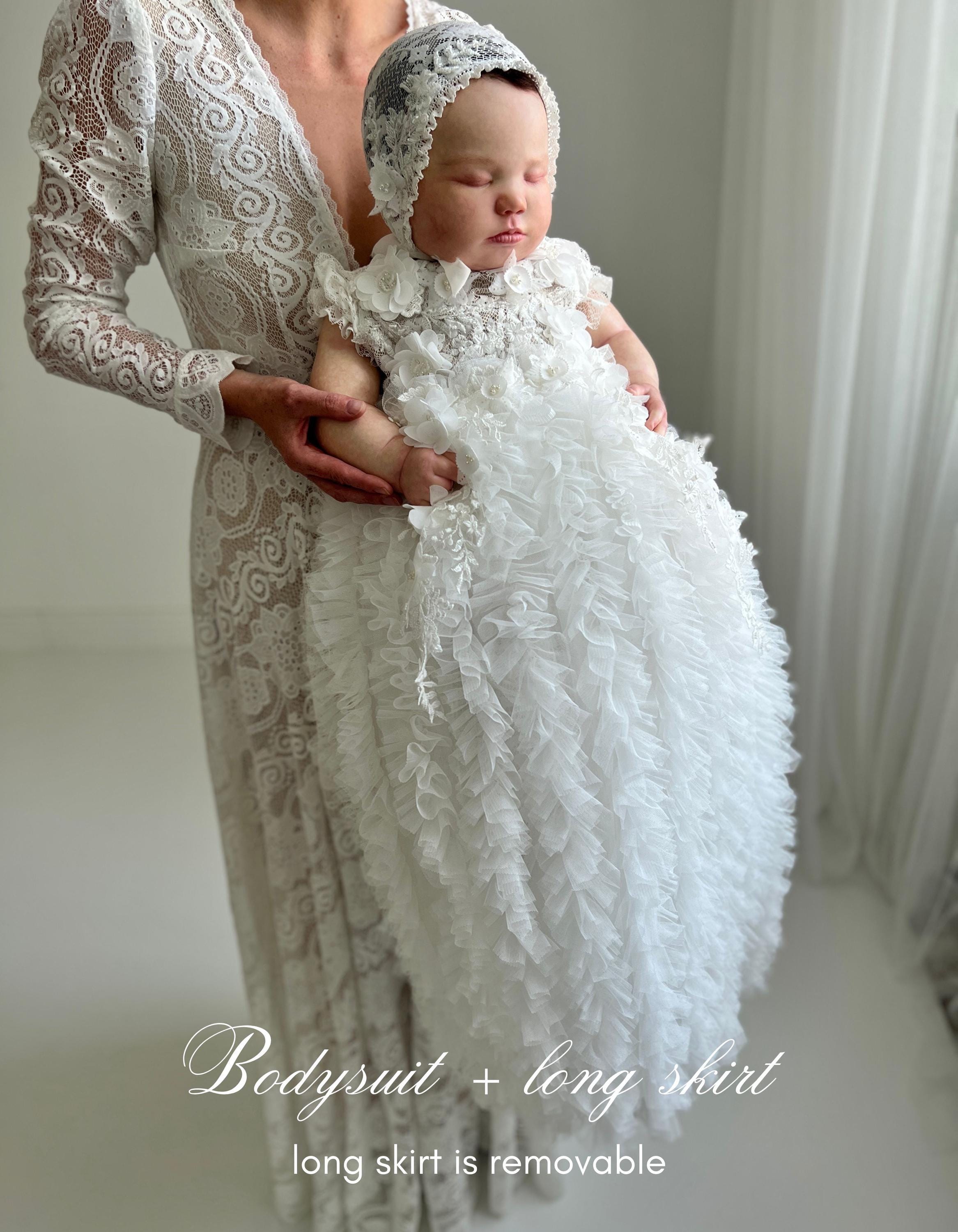 Christening Dress, Bodysuit with Removable Skirt, Christening Gown, Baptism Dress, Baptism Gown, Lace Dress