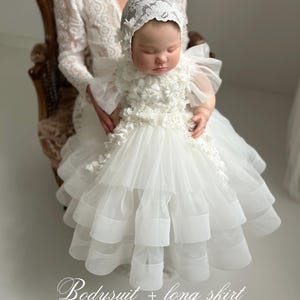 Tulle white christening gown with removable skirt, baptism gown, christening dress, christening bonnet, baby bodysuit, baby white dress