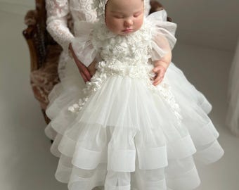 Tulle white christening gown with removable skirt, baptism gown, christening dress, christening bonnet, baby bodysuit, baby white dress