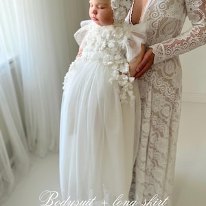 Tulle white christening gown with removable skirt, baptism gown, christening dress, christening bonnet, baby bodysuit, baby white dress