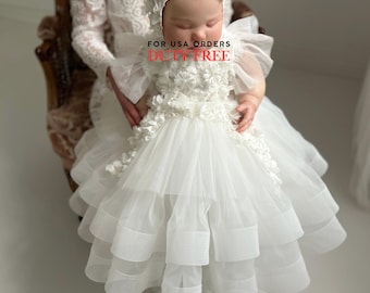 Tulle white christening gown with removable skirt, baptism gown, christening dress, christening bonnet, baby bodysuit, baby white dress