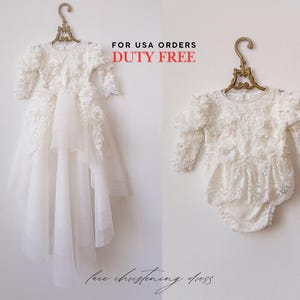 Tulle white christening gown with removable skirt, baptism gown, christening dress, christening bonnet, baby bodysuit, baby white dress