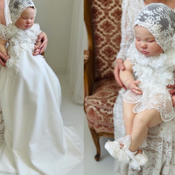 Christening dress, bodysuit with removable skirt, christening gown, baptism dress, baptism gown, lace dress