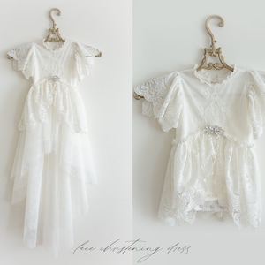 Tulle white christening gown with removable skirt, baptism gown, christening dress, christening bonnet, baby bodysuit, baby white dress