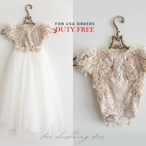 Christening dress, bodysuit with removable skirt, christening gown, baptism dress, baptism gown, lace dress