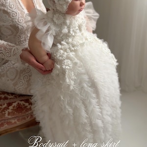 Tulle white christening gown with removable skirt, baptism gown, christening dress, christening bonnet, baby bodysuit, baby white dress