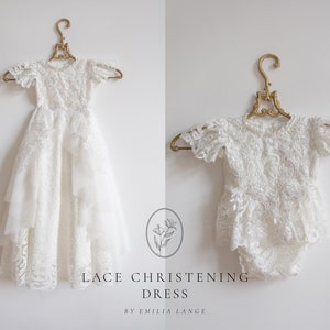 Tulle white christening gown with removable skirt, baptism gown, christening dress, christening bonnet, baby bodysuit, baby white dress