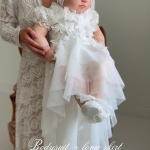 Tulle white christening gown with removable skirt, baptism gown, christening dress, christening bonnet, baby bodysuit, baby white dress