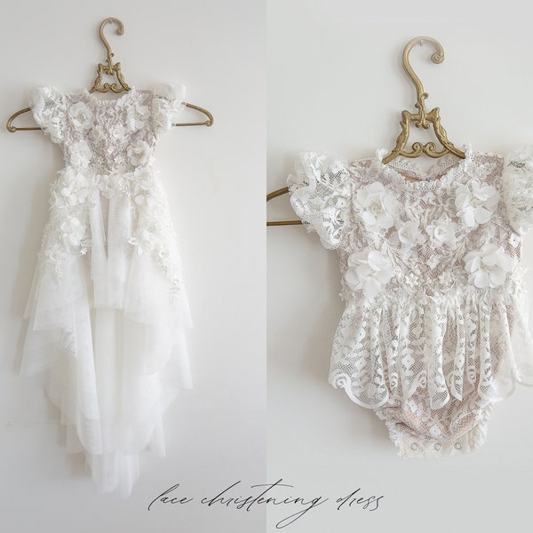 Tulle white christening gown with removable skirt, baptism gown, christening dress, christening bonnet, baby bodysuit, baby white dress