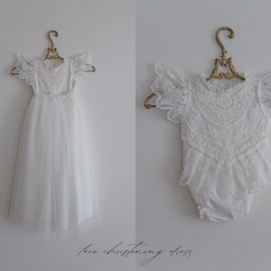 Tulle white christening gown with removable skirt, baptism gown, christening dress, christening bonnet, baby bodysuit, baby white dress