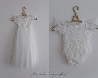Robe de baptême blanche en tulle avec jupe amovible, robe de baptême, robe de baptême, bonnet de baptême, body bébé, robe blanche bébé