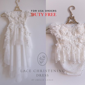 Tulle white christening gown with removable skirt, baptism gown, christening dress, christening bonnet, baby bodysuit, baby white dress