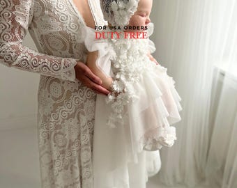 Tulle white christening gown with removable skirt, baptism gown, christening dress, christening bonnet, baby bodysuit, baby white dress