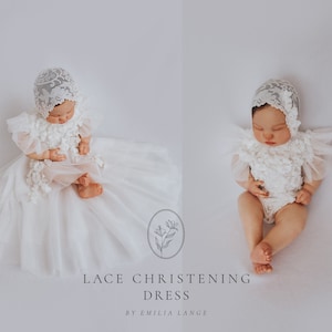 Tulle white christening gown with removable skirt, baptism gown, christening dress, christening bonnet, baby bodysuit, baby white dress