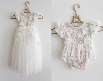 Christening dress, bodysuit with removable skirt, christening gown, baptism dress, baptism gown, lace dress