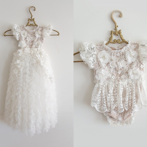 Christening dress, bodysuit with removable skirt, christening gown, baptism dress, baptism gown, lace dress