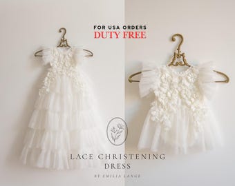 Tulle christening dress, lace christening dress, christening gown, baptism dress, baptism gown, lace dress