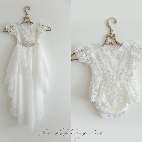 Vestido de bautizo de tul blanco con falda desmontable, vestido de bautizo, gorro de bautizo, body de bebé, vestido blanco de bebé