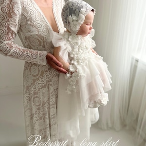 Tulle white christening gown with removable skirt, baptism gown, christening dress, christening bonnet, baby bodysuit, baby white dress