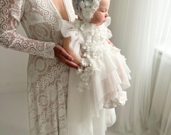 Tulle white christening gown with removable skirt, baptism gown, christening dress, christening bonnet, baby bodysuit, baby white dress