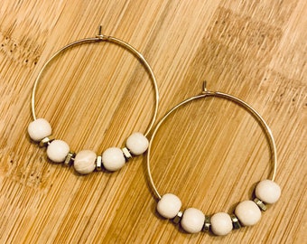 Gold Filled Hoop Earrings with Beige Wooden beads