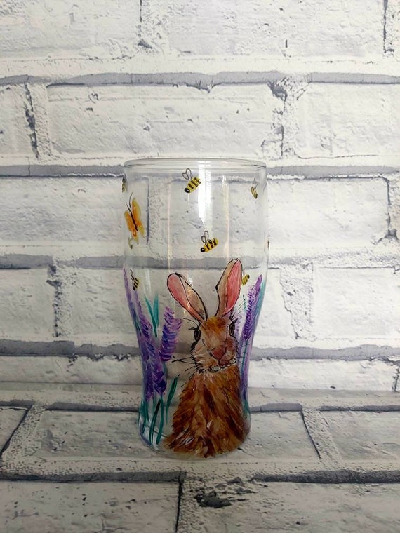 Hand painted glass hare and lavender pretty pint design Personalised and gift-wrapped for free.