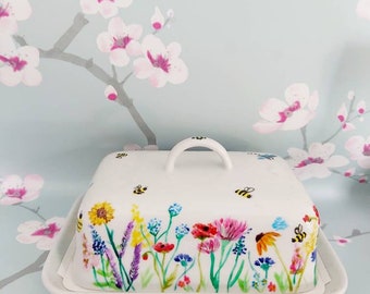 Hand painted wild flower butter dish
