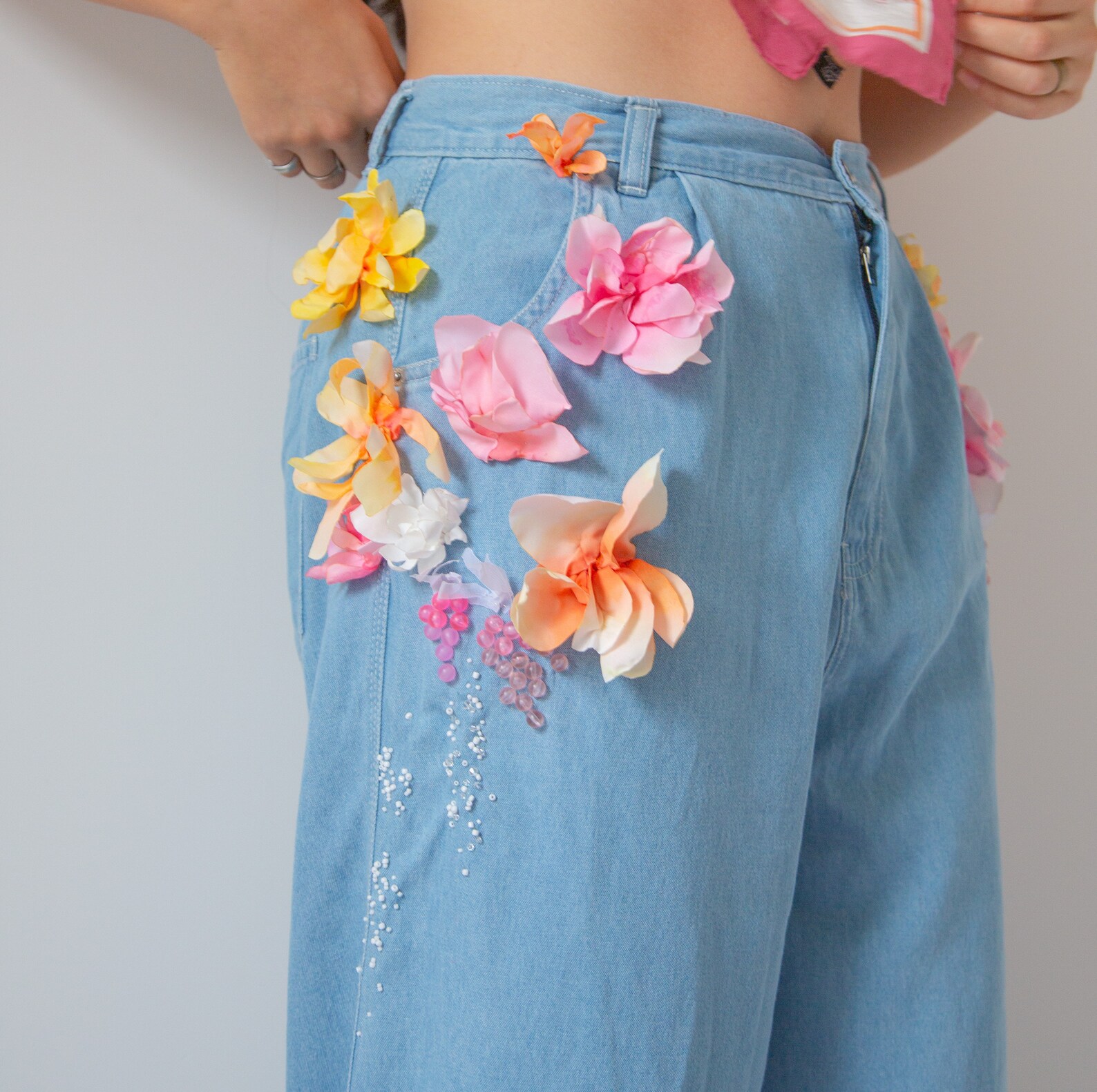 Hand painted flower baggy jeans summer y2k trousers pants Etsy