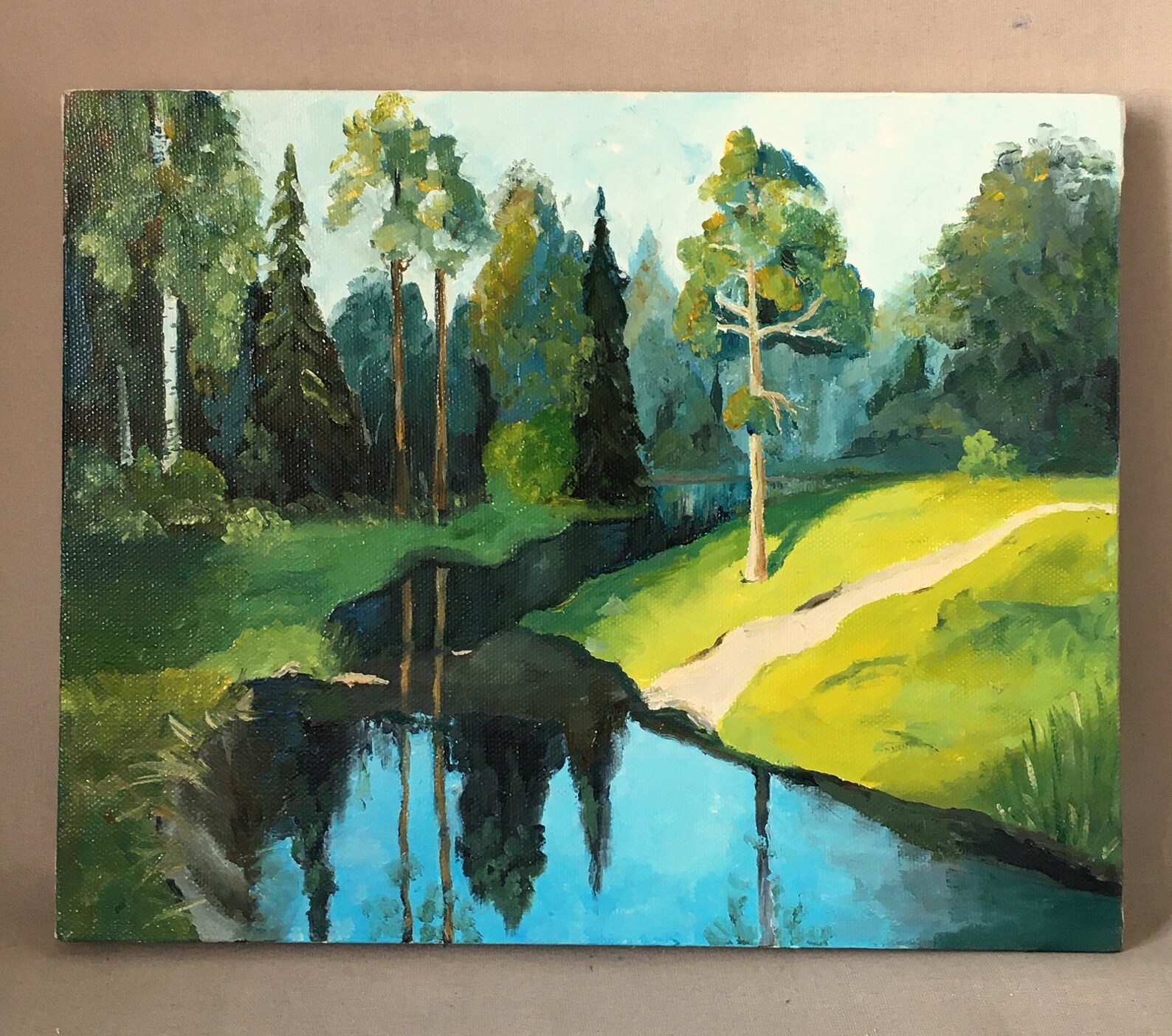 Forest oil painting. Green landscape on canvas. Trees and Etsy