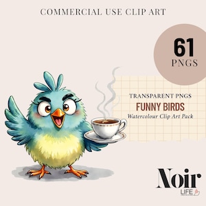 Whimsical Crazy Bird Clipart, Funny Bird Digital Clipart, Watercolor Clipart, Digital download, Cute Bird PNG, Cartoon Bird With Funny Faces