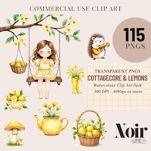 Spring Clipart Cute Cottagecore Lemon Animals Florals Watercolor Rustic Farm Red Gingham Polka Dots Nursery Kids Clipart, Lemons Clip Art