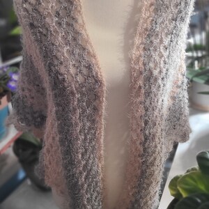 Shawl; Hand Crocheted; V Shape; Grey, Pink & White Fuzzy; Accessory
