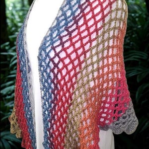 Shawl; Handmade; Crochet: Blues, Pinks Gray, Green, Orange w/aparkle; V-Shape Style; Accessory; Gift