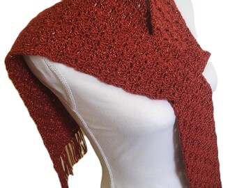 Scarf; Handmade Crocheted; Red Rust with Metallic Thread