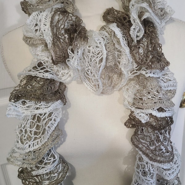 Frilly Scarf.  White with Light and Dark Taupe Frilly Scarf.  Accessory;  Hand Knitted;  Gift for her