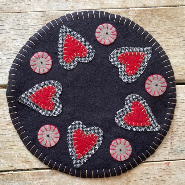 Finished Handmade Penny Rug  HEARTS Candle Mat ~ Primitive ~ Wool Felt ~ Applique