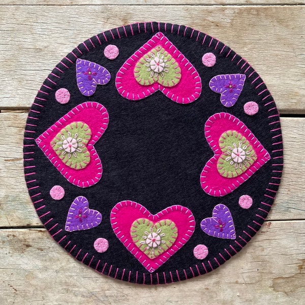 Finished Handmade Penny Rug * HEARTS *   Candle Mat ~ Primitive ~ Wool Felt - Hearts - Flowers - Wool Applique