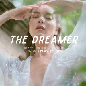 Puede incluir: Una mujer con los ojos cerrados, vistiendo un top blanco con lentejuelas, con el texto "THE DREAMER" y "DREAMY LIGHTROOM PRESETS BY @THEVISUALPOETS" en la imagen.