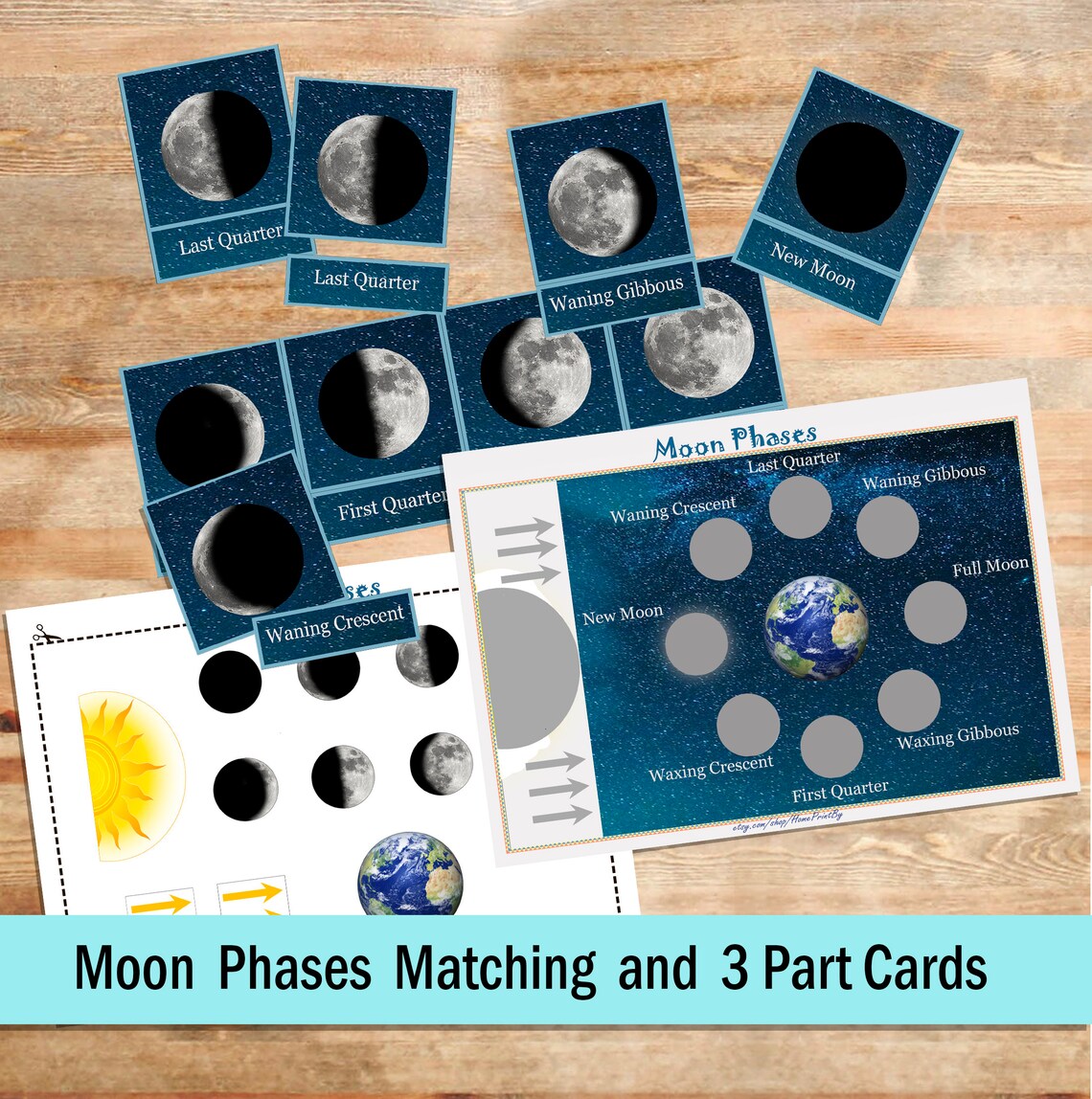 Moon Phases Matching Activity Montessori Moon Phases 3 part | Etsy