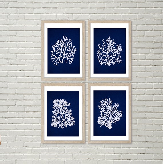 Navy Blue Seaweed Prints Blue Nautical Wall Art Sea Plants Etsy