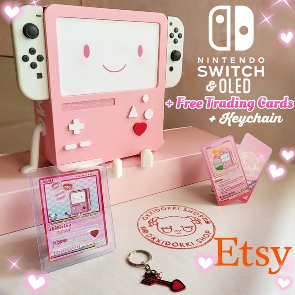 Valentines Pink - Nintendo Switch BMO Dock | w/ Face Display Face,  Holo Adoption Trading Card & Keychain + Also Fits Nintendo Switch OLED