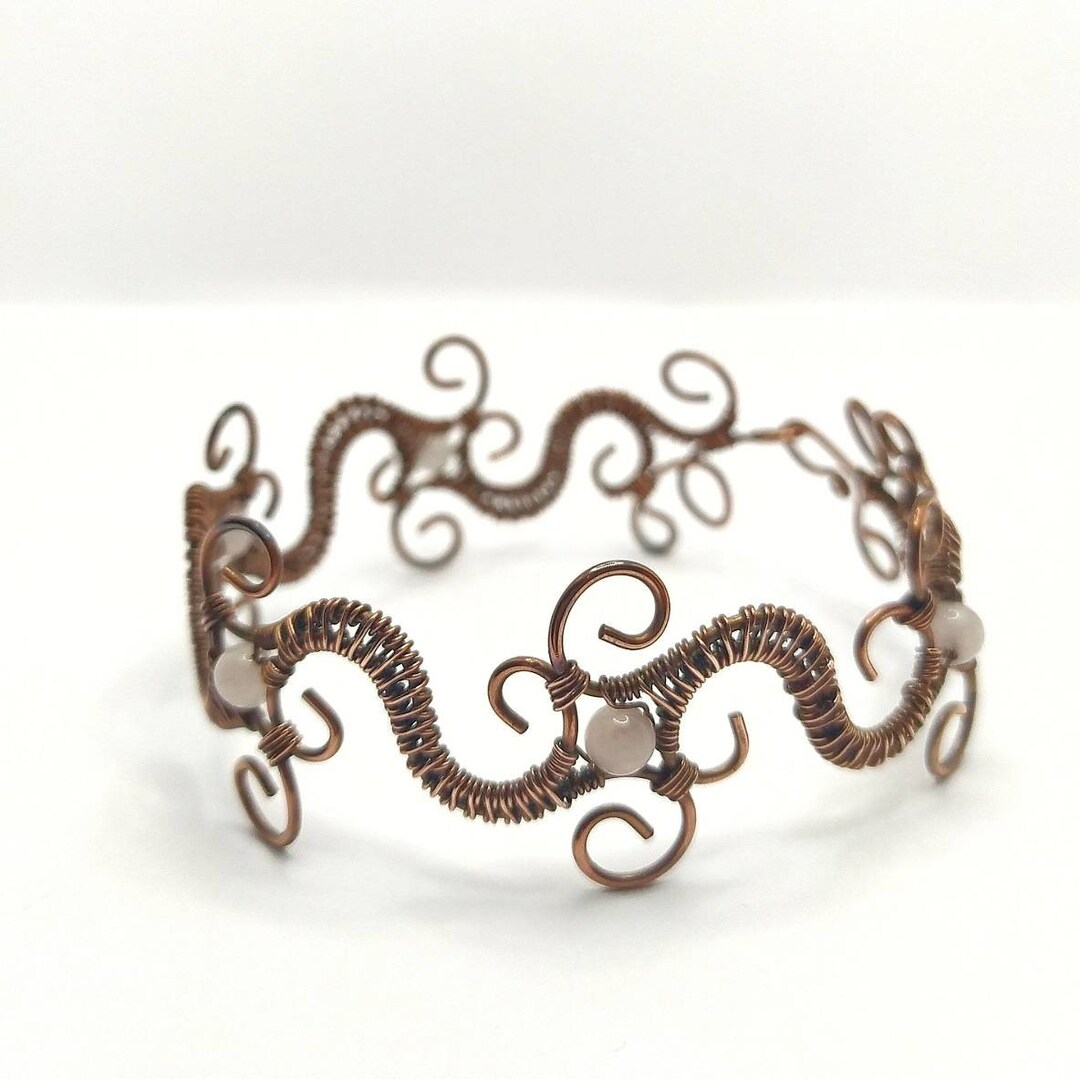 Swirly Filigree Copper Cuff Bracelet, Wire Wrapped Rose Quartz Jewellery,  Fantasy Floral Boho Gift