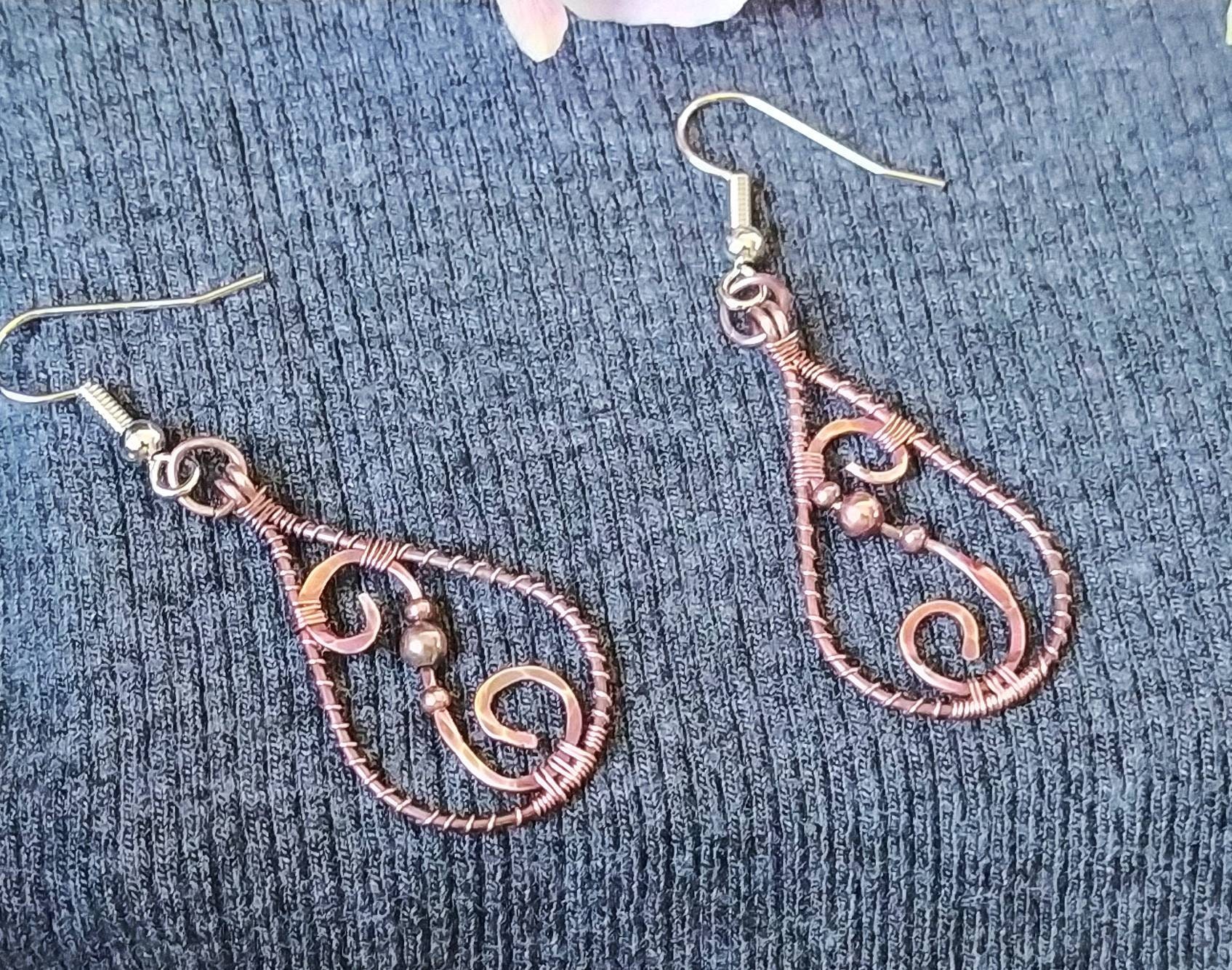 Teardrop Textured Wire Wrapped Purple Copper Earrings | Etsy