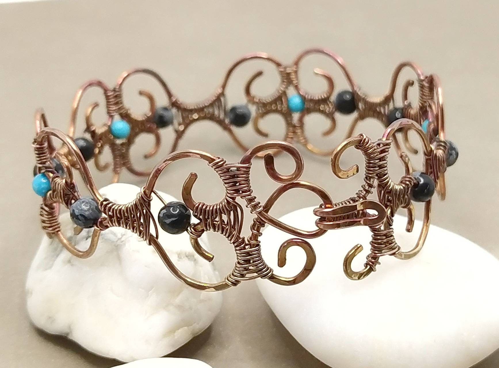 Filigree Wire Wrapped Bracelet With Turquoise and Snowflake | Etsy