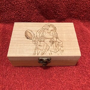 Wood burned Princess Jewelry Box, Rapunzel Keepsake Box, Wood burned Animated Character Trinket Box