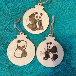 Panda Wood burned Christmas Tree Ornaments, Panda Wooden Ornaments, Panda Ornament Set
