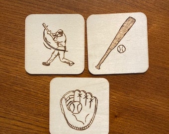 Baseball Wood burned Magnet Set, Baseball Themed Wooden Magnets, Baseball Refrigerator Magnets